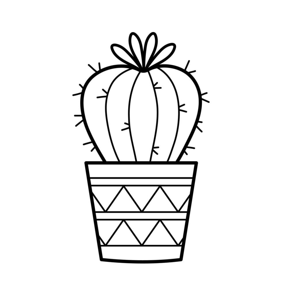 Cactus with flower. Decorative houseplant in pot. Hand drawn icon of prickly plant in sketch doodle style. Isolated vector illustration.