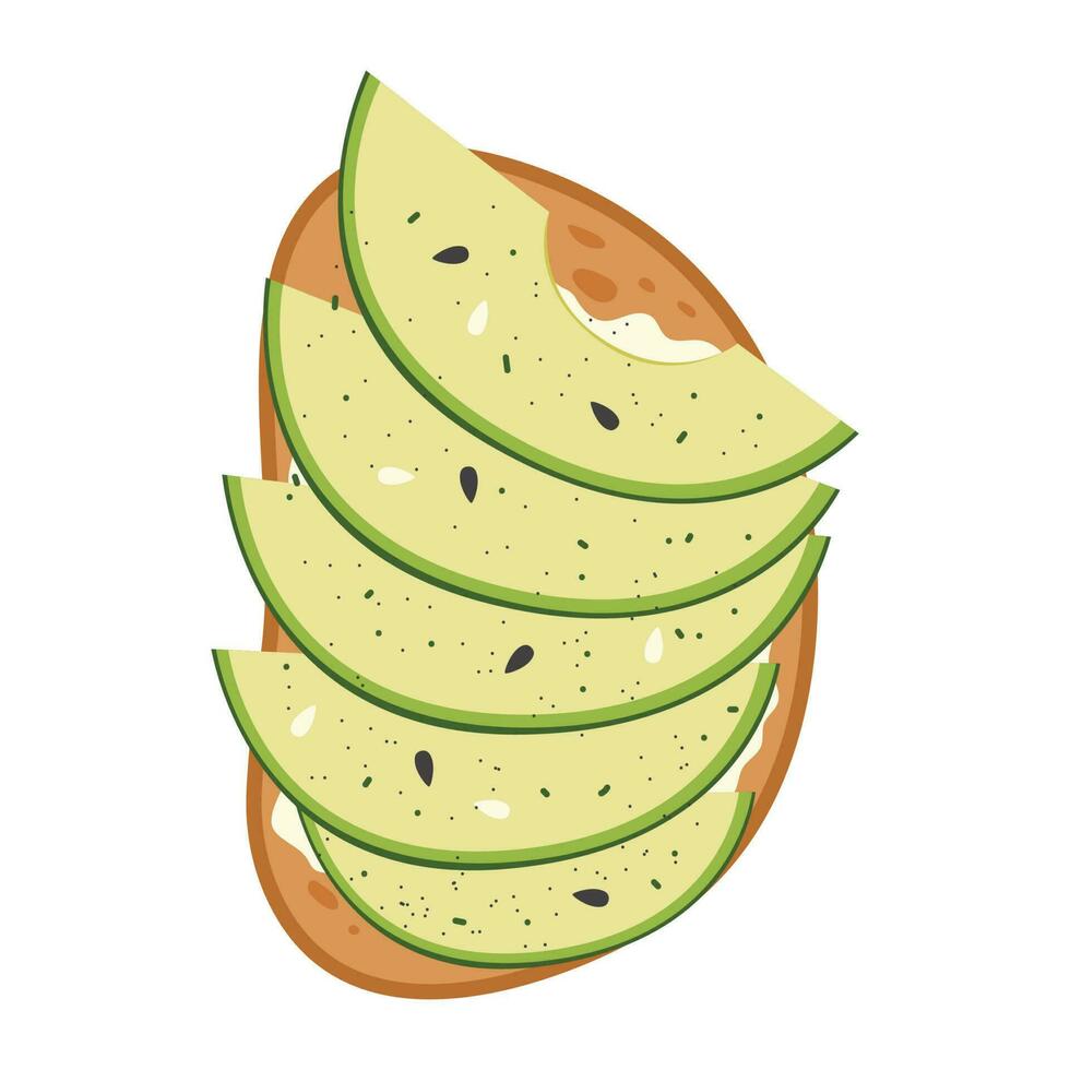 Avocado toast. Crispy white bread with curd cheese and slices of ripe avocado. Delicious breakfast sandwich garnished with sesame and seasoning. Healthy snack. Flat vector illustration.