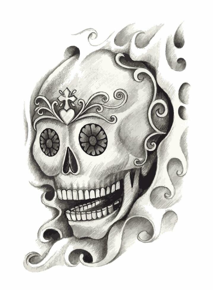 Surreal skull tattoo. Hand drawing and make graphic vector. vector