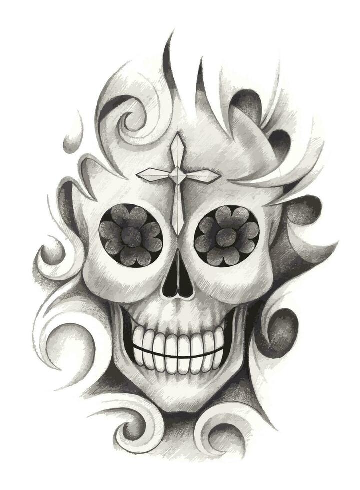 Surreal skull tattoo. Hand drawing and make graphic vector. vector