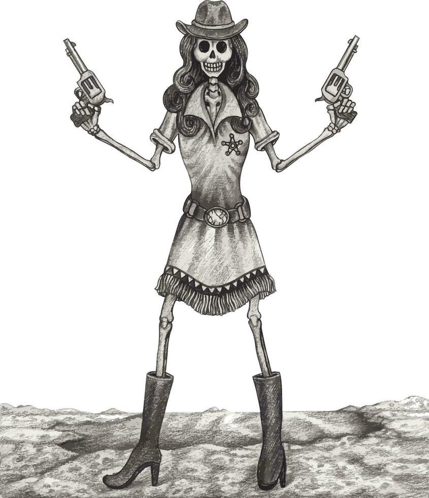 Surreal cowgirl skull. Hand drawing and make graphic vector. vector