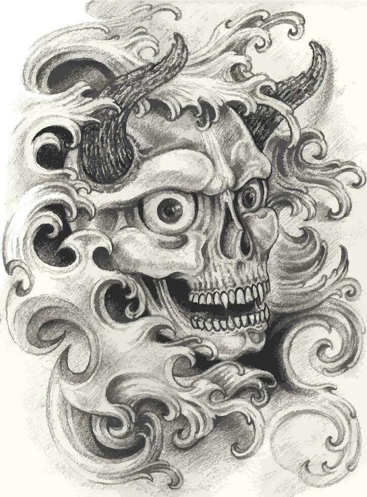 Surreal devil skull tattoo. Hand drawing and make graphic vector. vector