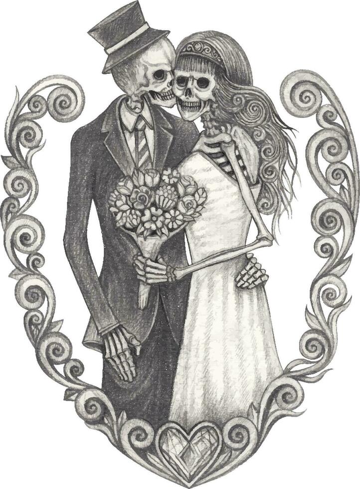 Couple love wedding skulls. Hand drawing and make graphic vector. vector