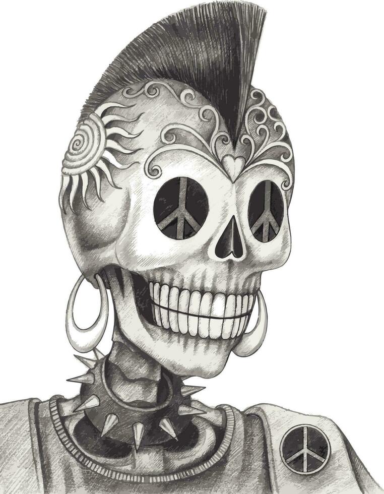 Fancy punk rock skull. Hand drawing and make graphic vector. vector
