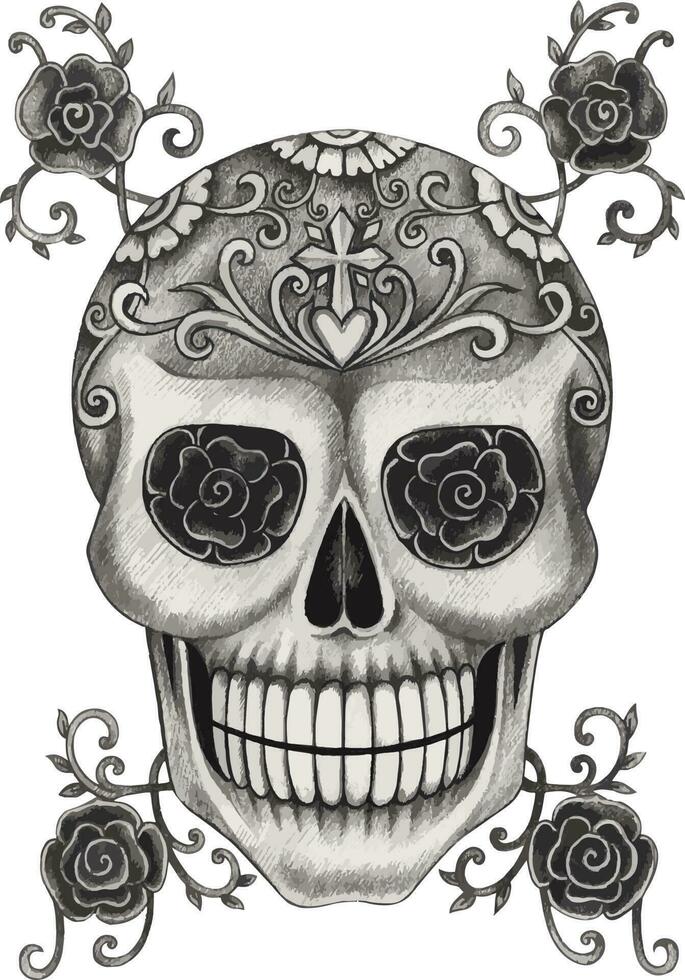 Fancy skull day of the dead. Hand drawing and make graphic vector. vector