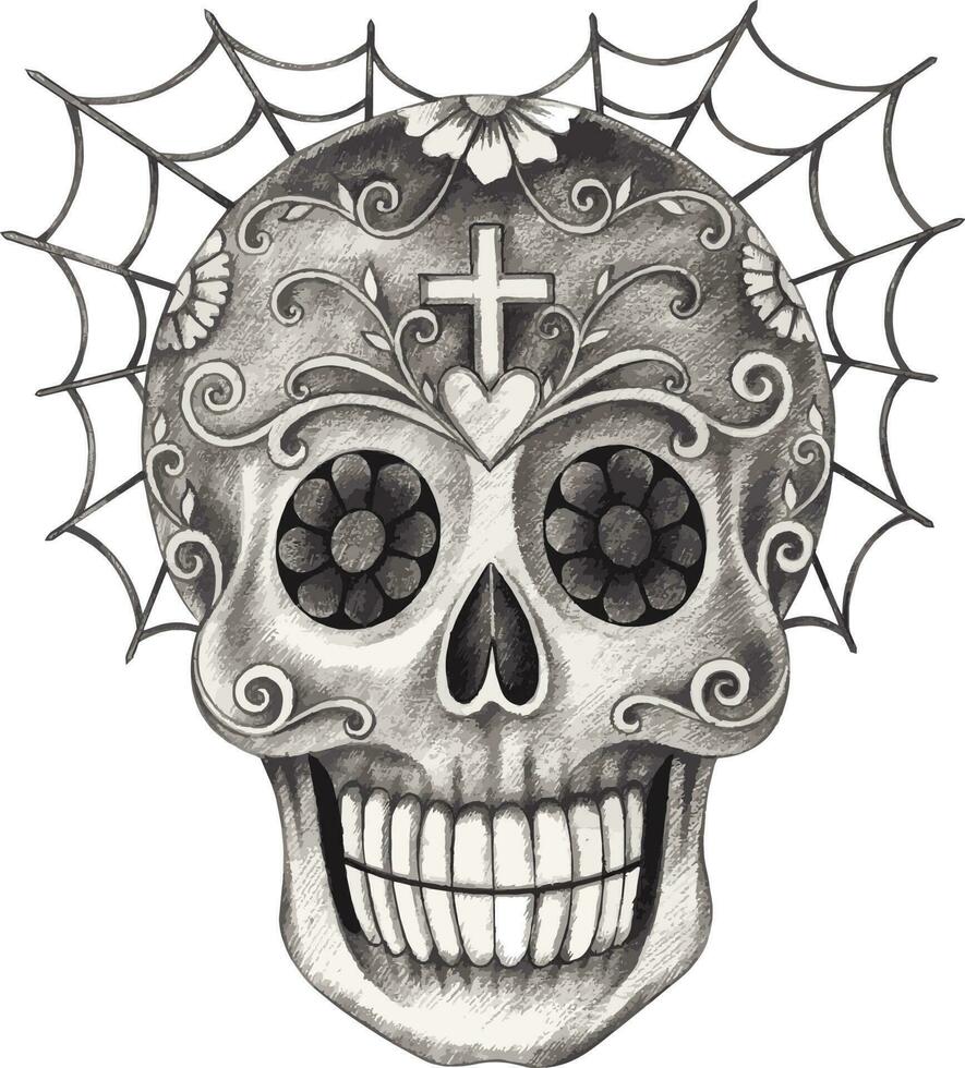Fancy skull day of the dead. Hand drawing and make graphic vector. vector