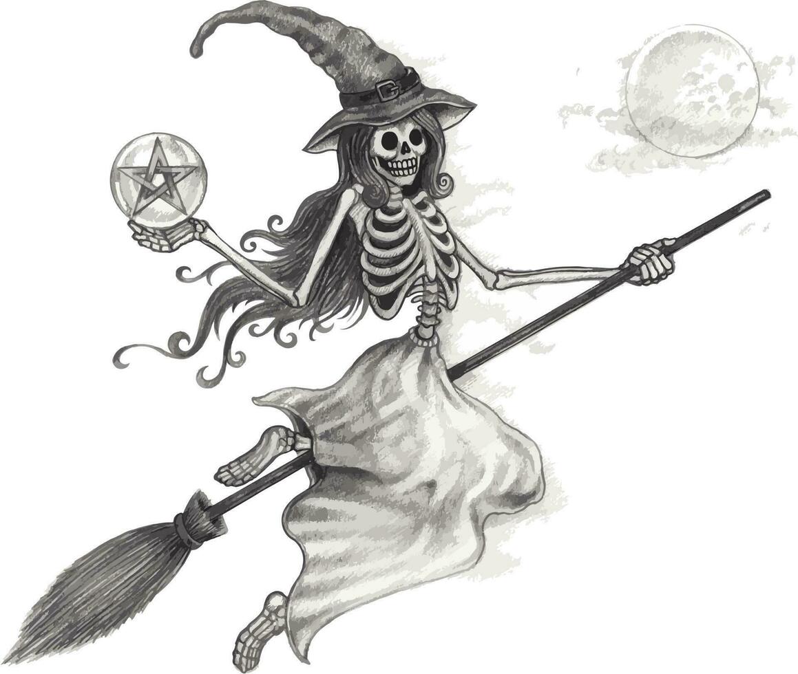 Fantasy witch skull halloween day. Hand drawing and make graphic vector. vector