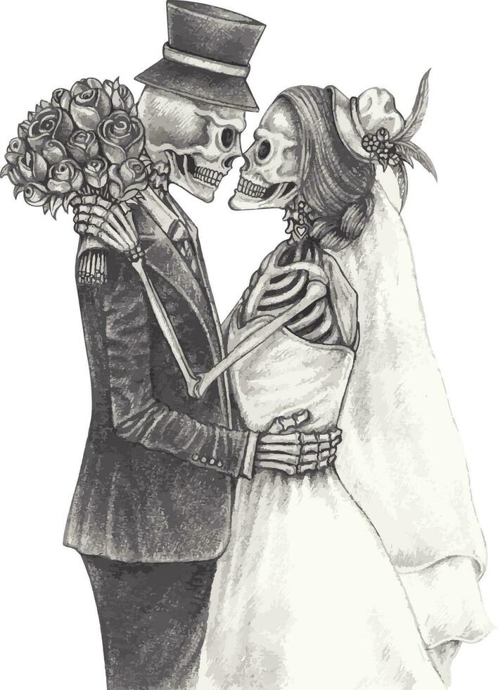 Couple love wedding skulls. Hand drawing and make graphic vector. vector