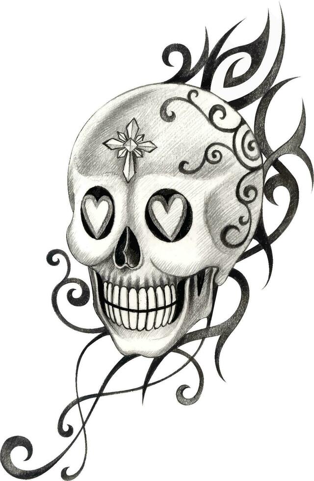 Fancy skull tattoo. Hand drawing and make graphic vector. vector