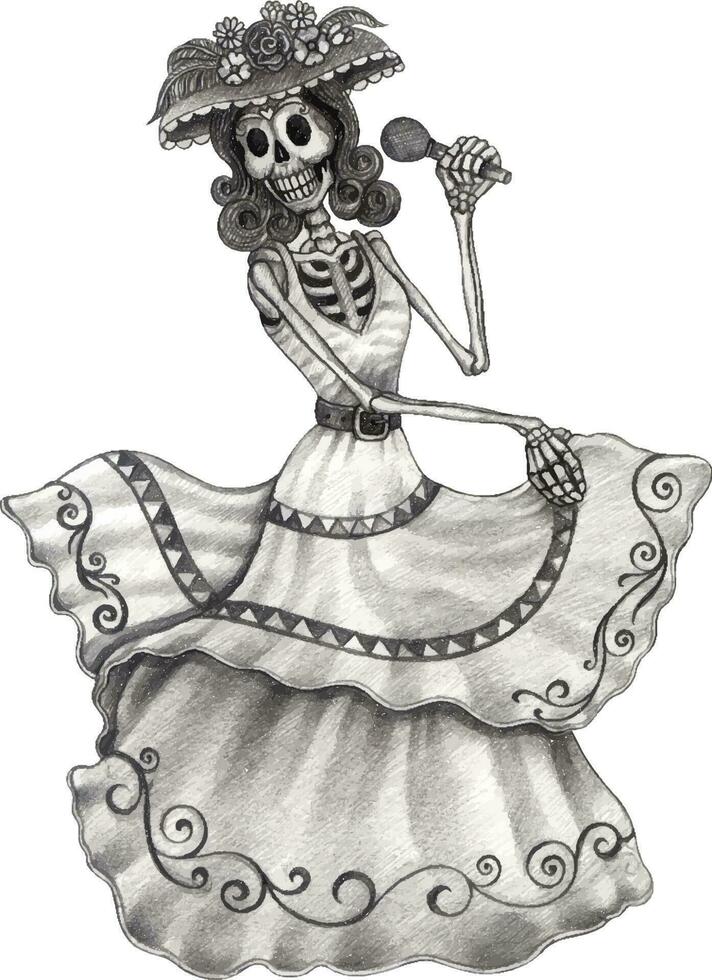 Fancy skull sing a song day of the dead. Hand drawing and make graphic vector. vector