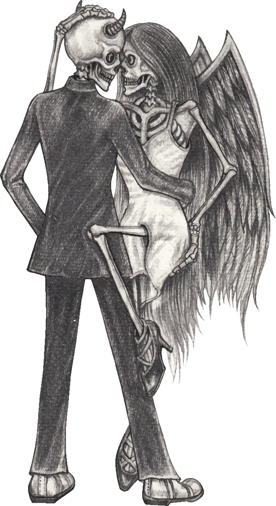 Couple love fantasy devil and angel skulls. Hand drawing and make