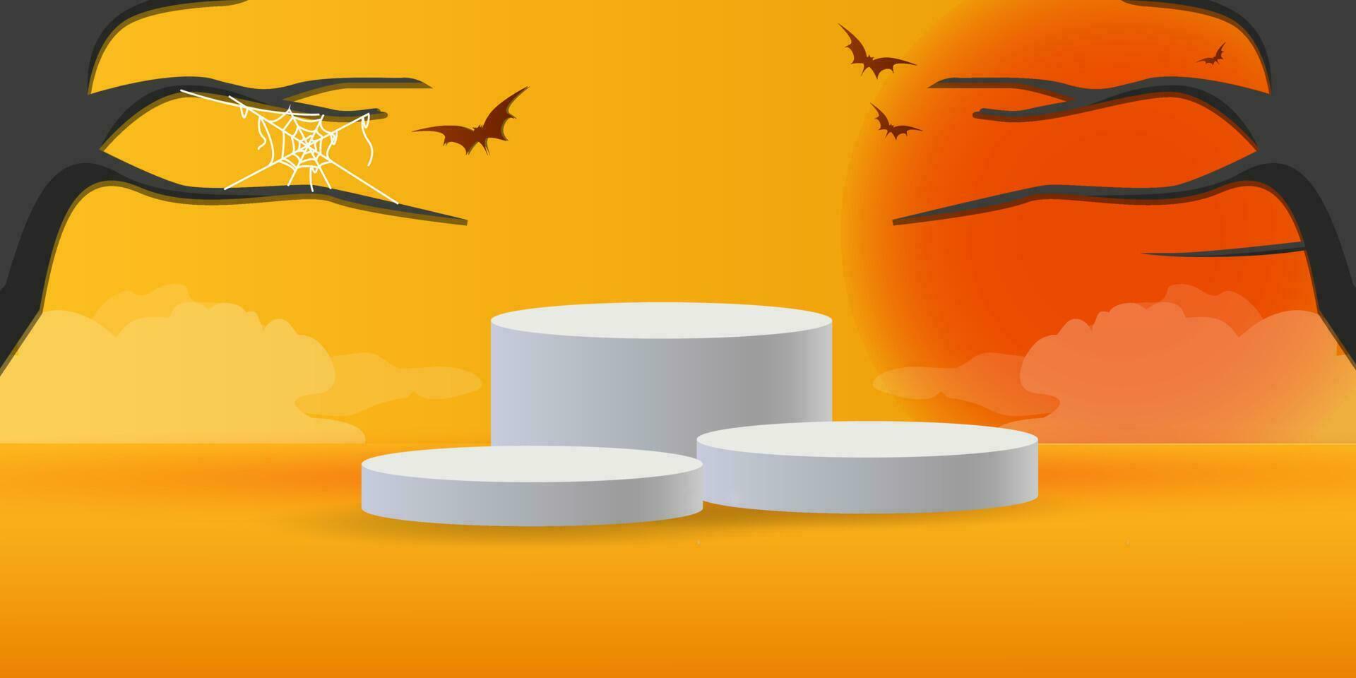 Halloween theme product display podium on orange background. With old trees, bats, fog and full moon vector