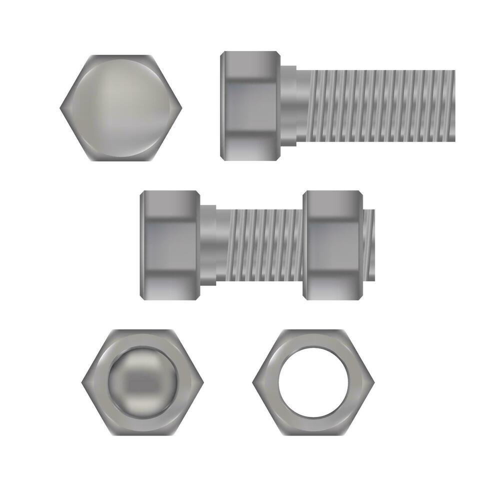 Realistic metal screws and steel bolts isolated on white vector set. Construction steel screw bolt metal vector illustration