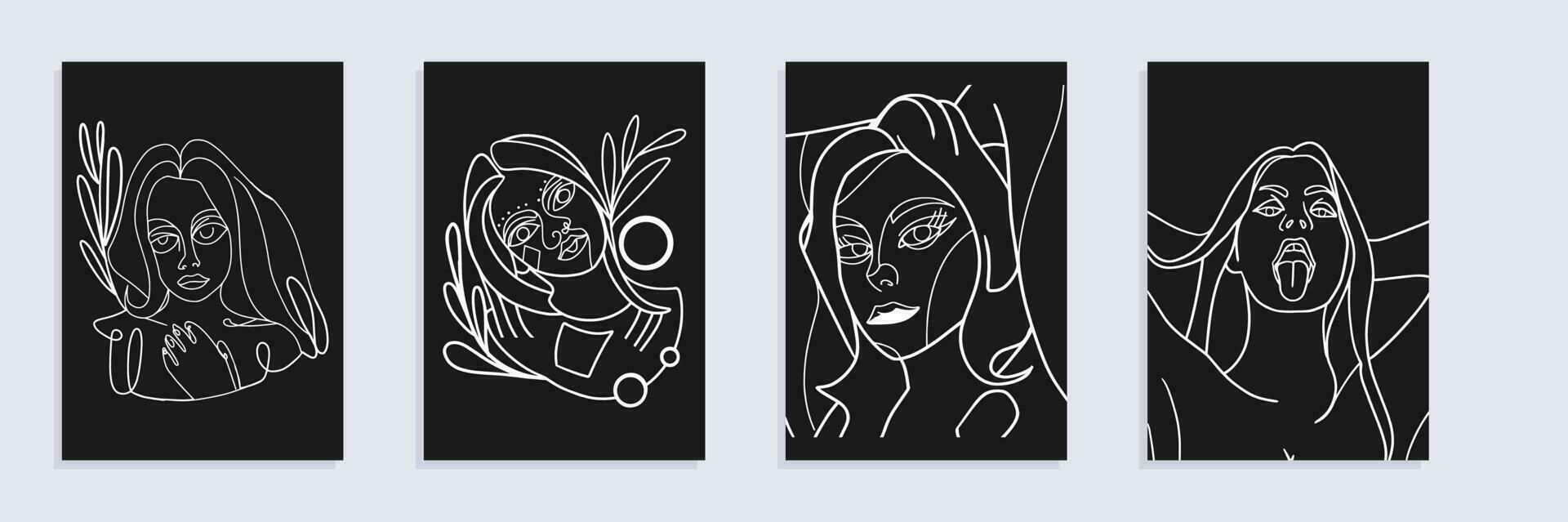 Stunning Girl Designs Bundle with Retro Hand-Drawn Vector Illustrations. Minimalistic Abstract Faces, Hands, and Shapes in Contemporary Silhouette Style.