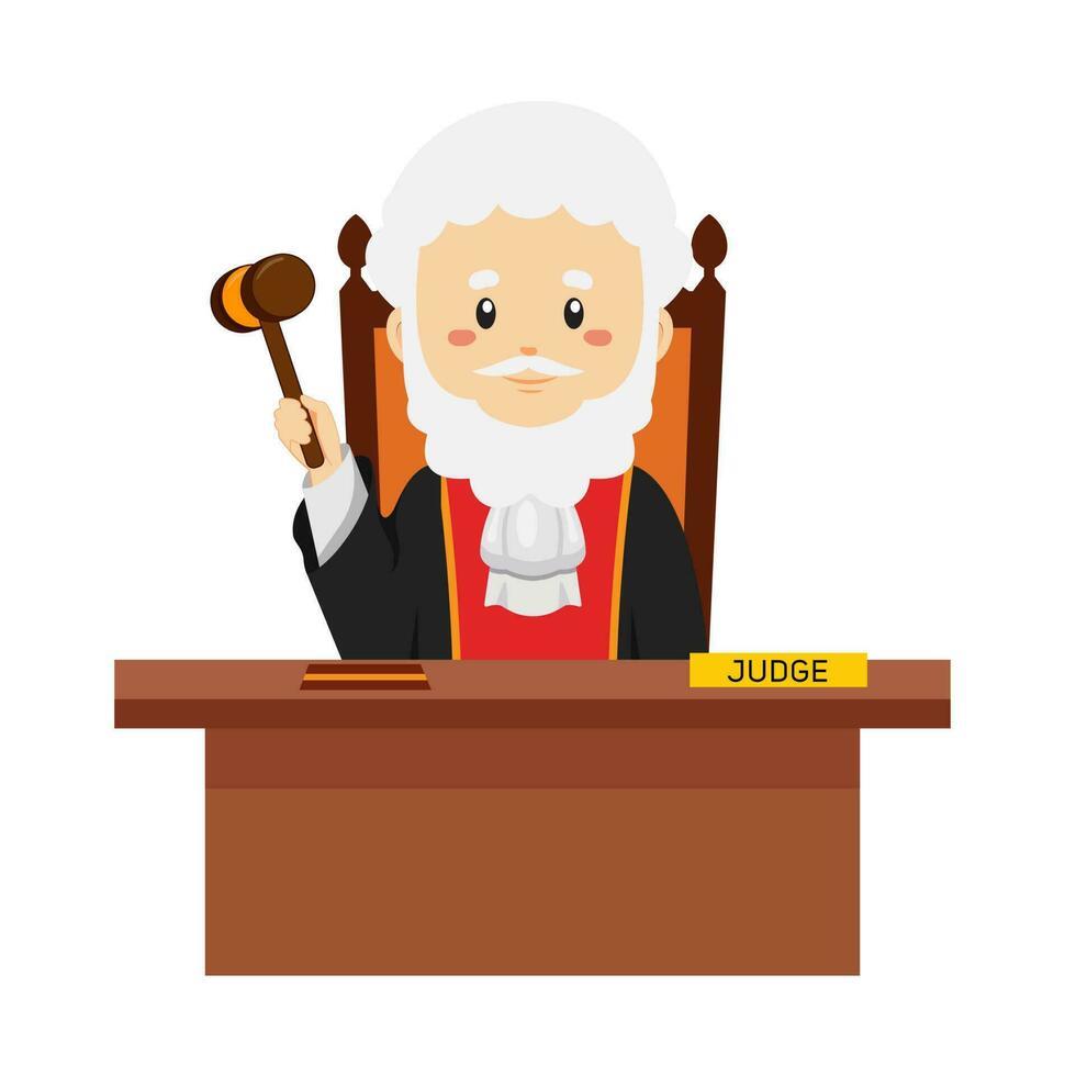 Judge Character Sitting Desk with Hammer Cartoon vector