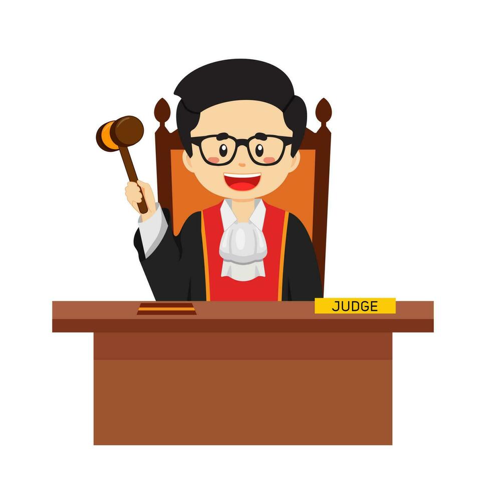 Judge Character Sitting Desk with Hammer Cartoon vector
