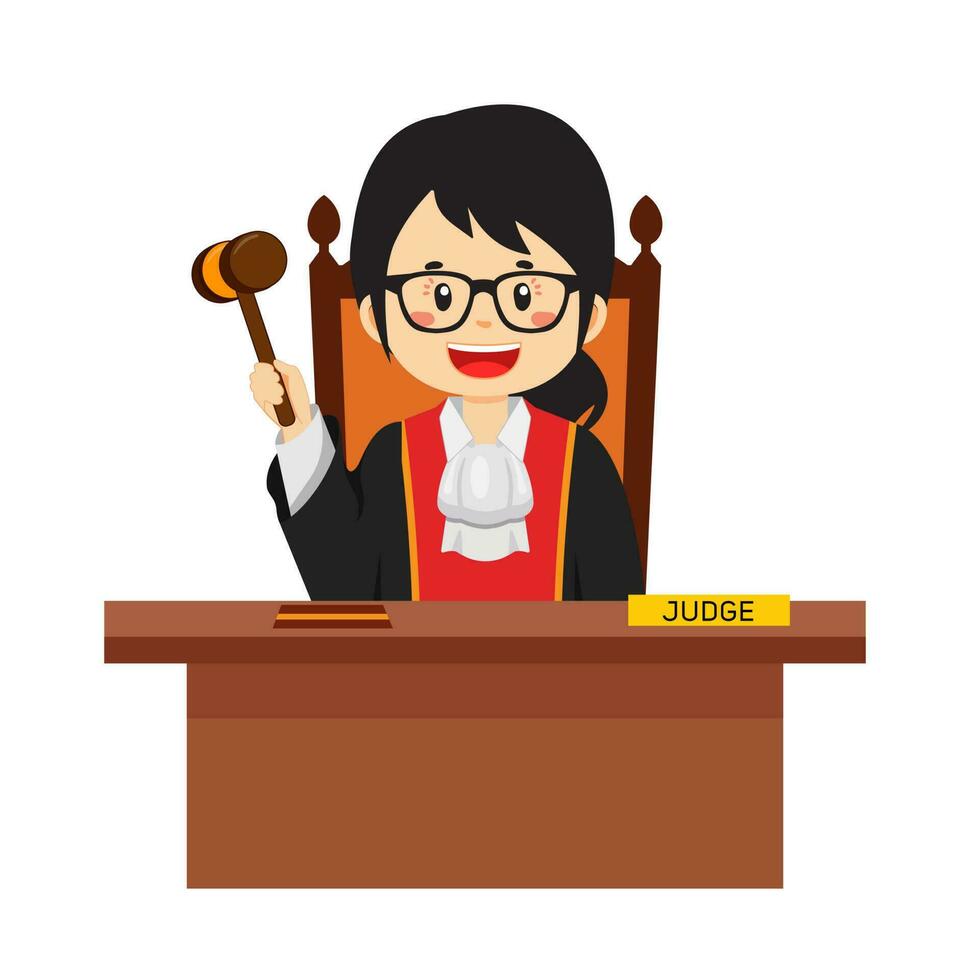 Judge Character Sitting Desk with Hammer Cartoon vector