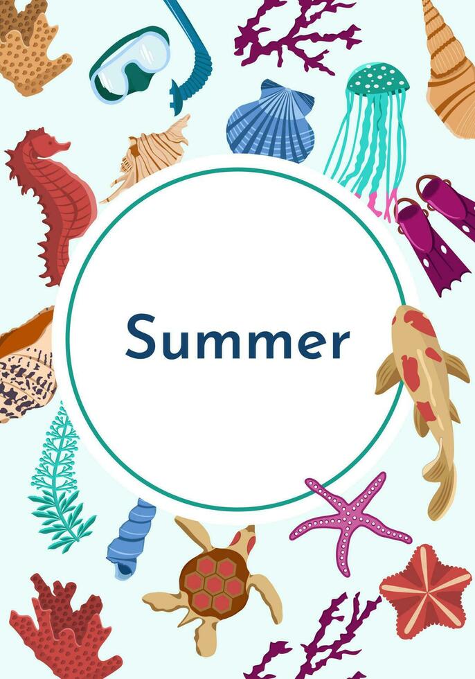 Vector postcard on the theme of Summer and vacation. The image of the inhabitants of the ocean, the animals of the underwater world and various summer items for swimming and relaxing on the beach.