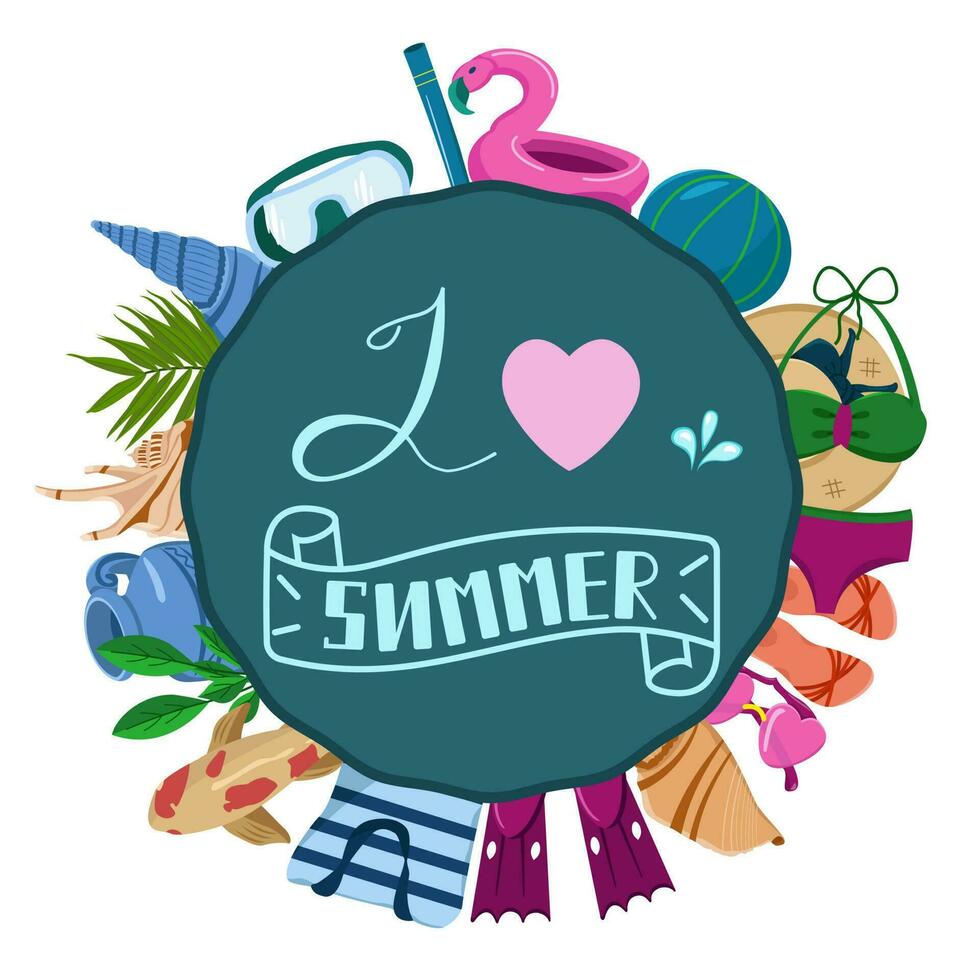 Summer Lettering on the theme of vacation in the style of cartoons. Vector image of objects for summer recreation and swimming.
