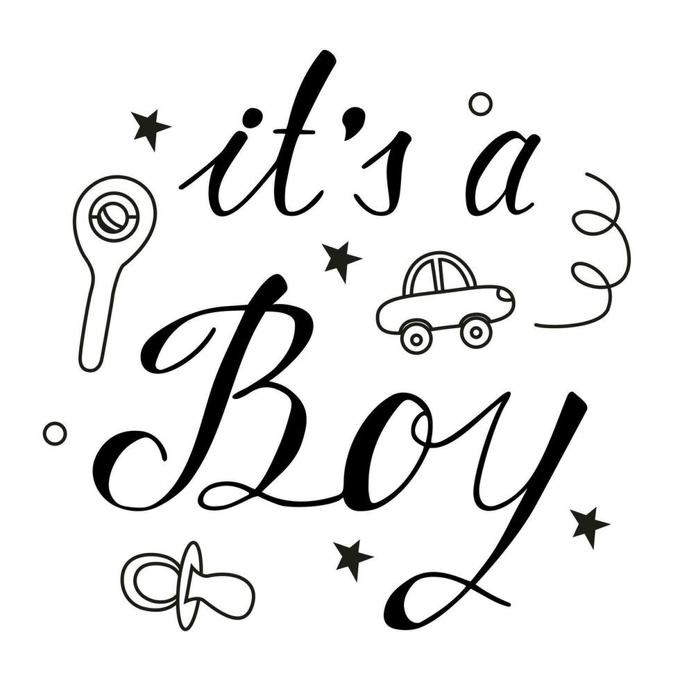 Vector inscription on the theme of a Gender party in the style of a doodle. Party to determine the sex of the baby. Congratulatory phrase for a boy.
