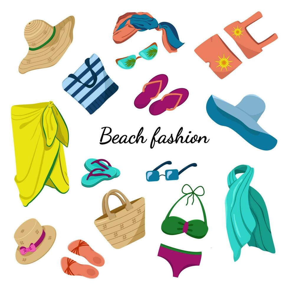 Vector set of clothes and accessories for the Beach. Summer Beach fashion. Clothes for a vacation at sea.