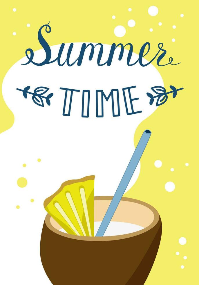 Vector postcard on the theme of Summer in cartoon style. Image of Summer Coconut Cocktail.