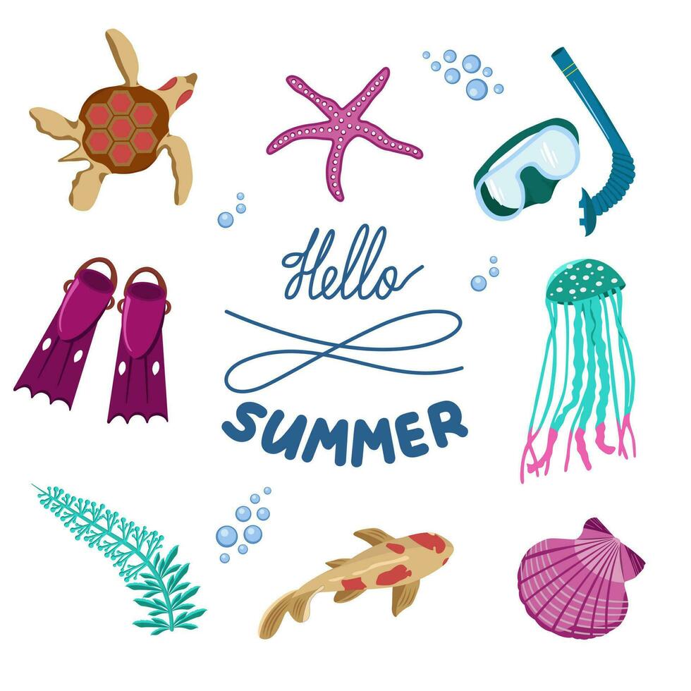 Vector image of the inhabitants of the ocean and objects of the underwater world. Color diving kit. Illustration of jellyfish, fish and corals with shells.