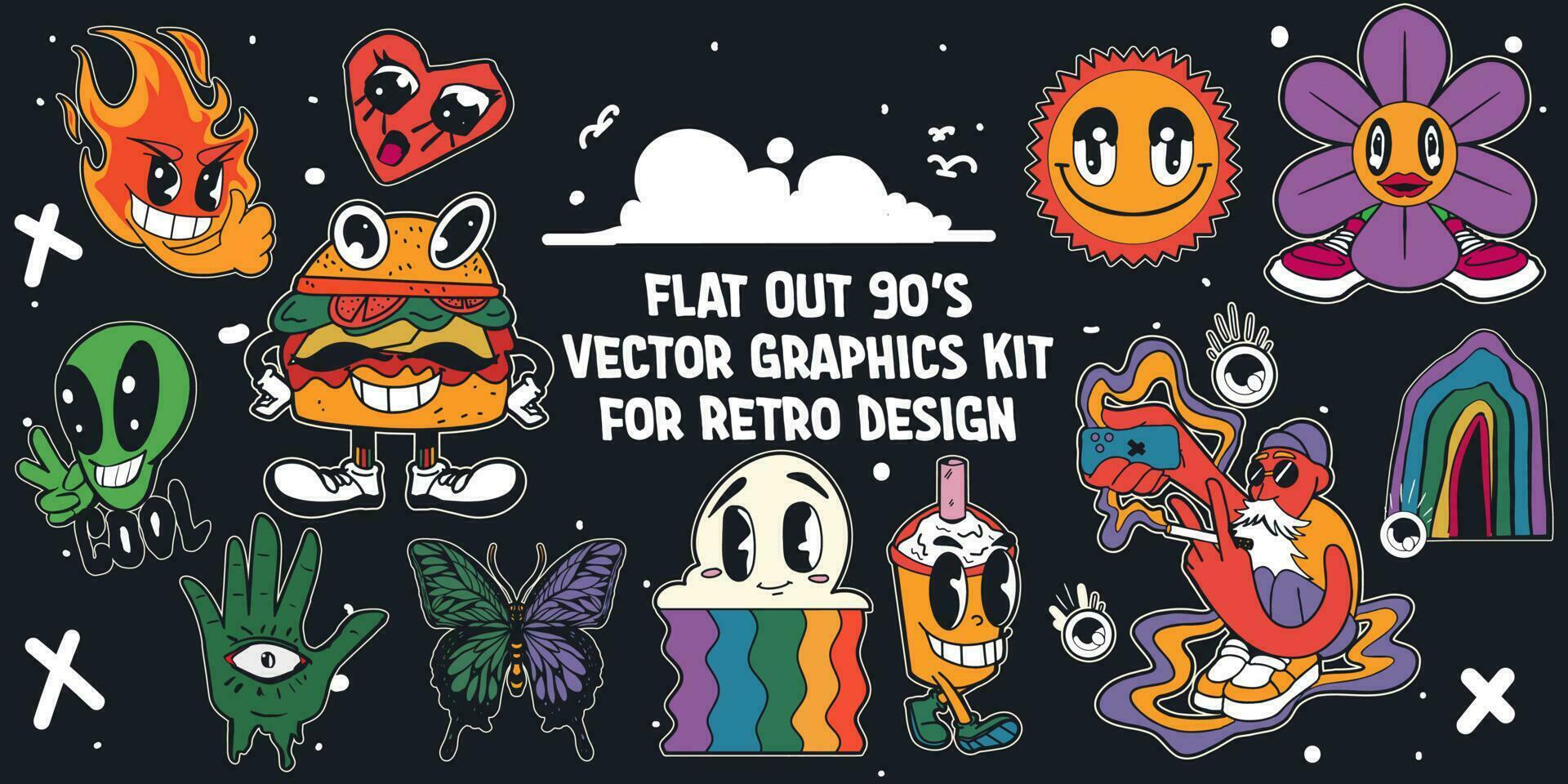 90s and y2k Set Object Inspired. Seamless Patterns with a Flat Retro Twist Vector