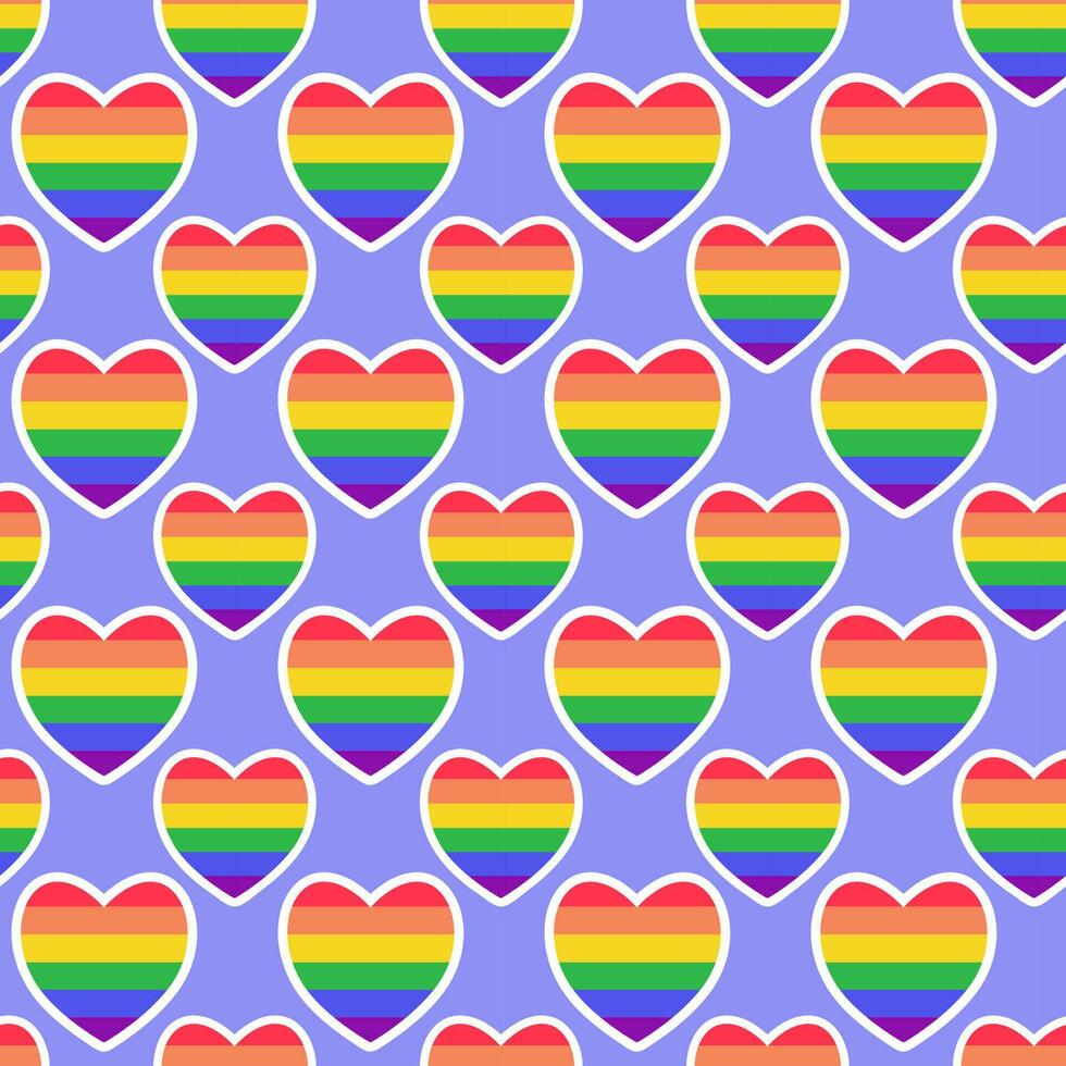 LGBTQ seamless pattern with rainbow hearts on violet background in flat vector style. LGBT pride community month