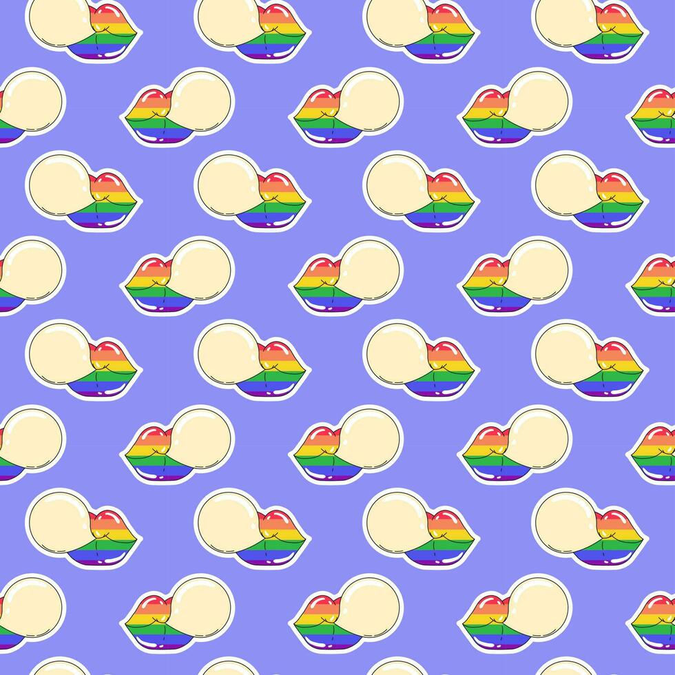 LGBTQ seamless pattern of lips and bubble gum on violet background in flat vector style. LGBT pride community month
