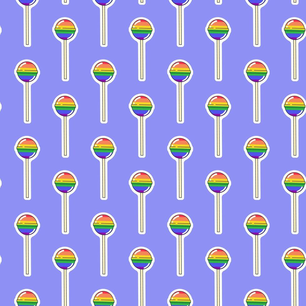 LGBTQ seamless pattern with rainbow lollipop on violet background in flat vector style. LGBT pride community month