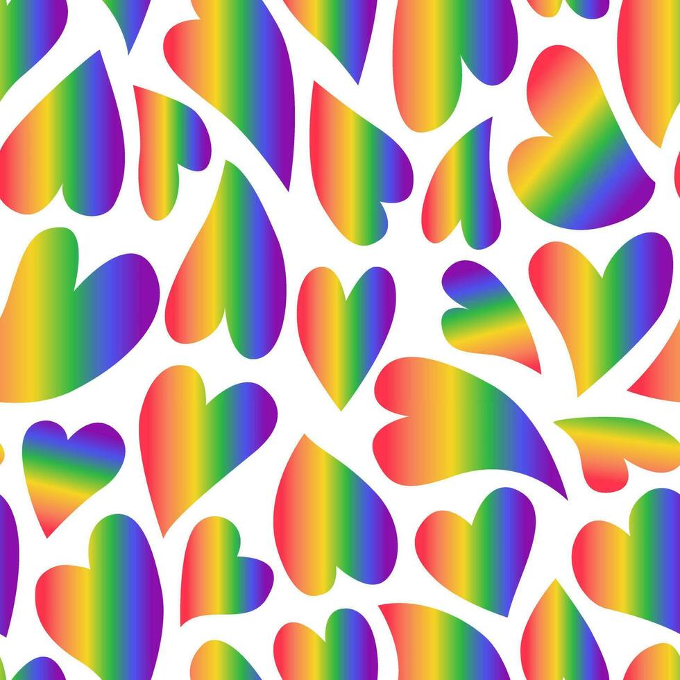 LGBTQ seamless pattern of gradient rainbow hearts on white background in flat vector style. LGBT pride community month