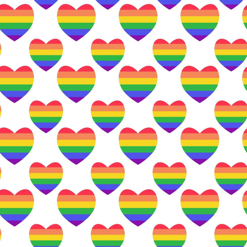 LGBTQ seamless pattern with rainbow hearts on white background in flat vector style. LGBT pride community month