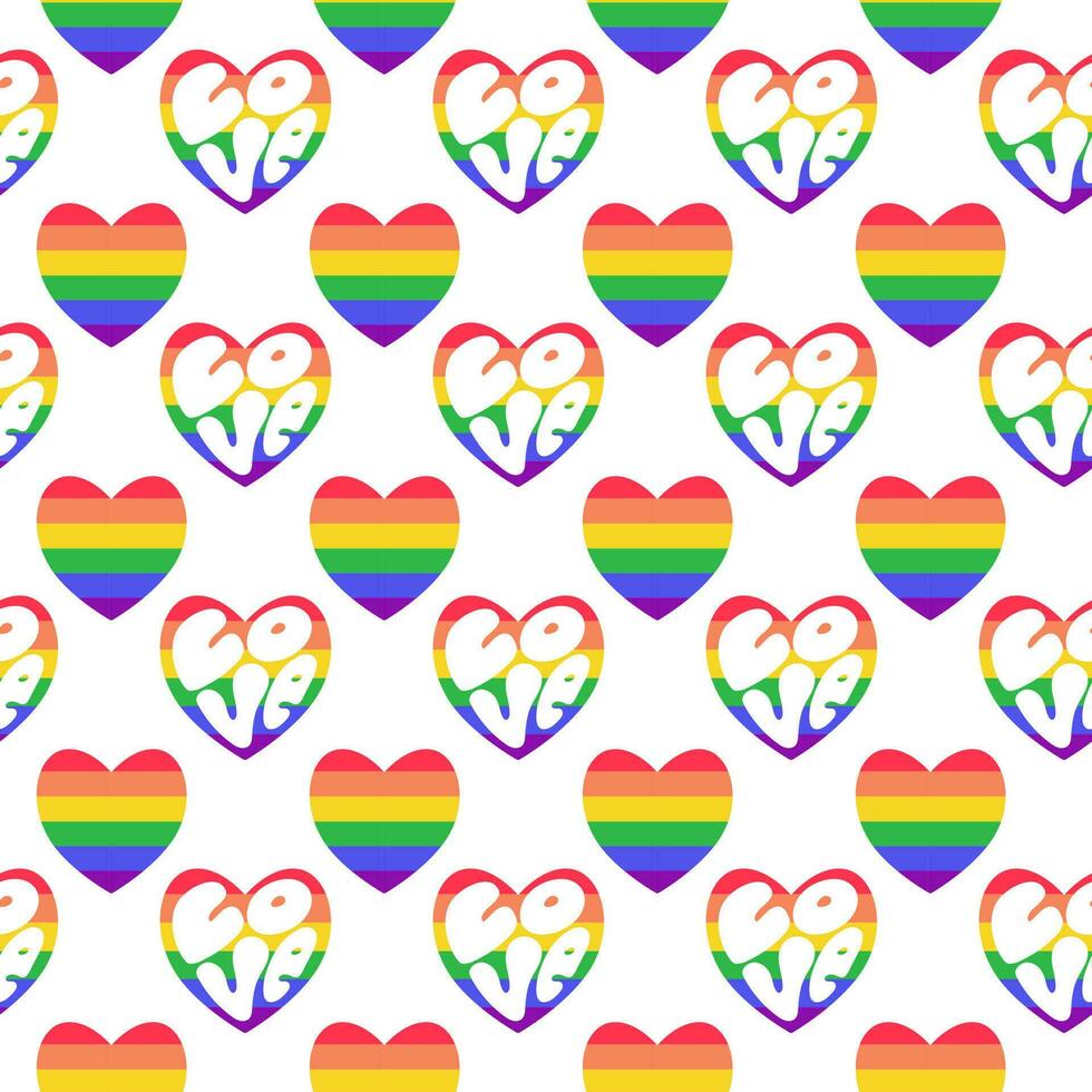 LGBTQ seamless pattern with rainbow hearts and lettering love on white background in flat vector style. LGBT pride community month