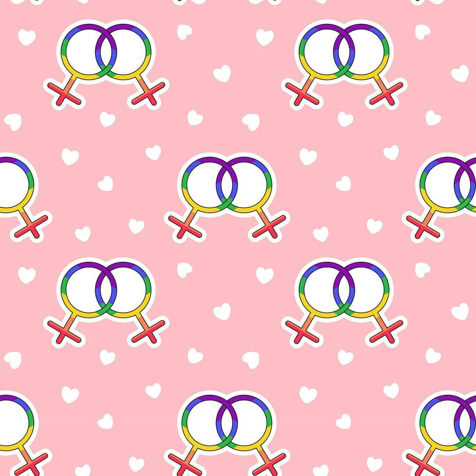 Seamless pattern LGBTQ gender symbols on pink background with hearts. LGBT pride community. Rainbow elements in flat vector style. Pride month