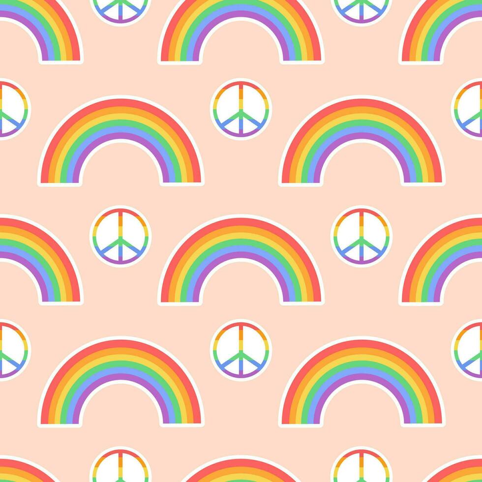 Seamless pattern with LGBTQ community symbols. Rainbow and peace sign. Pride month. Retro groovy style vector