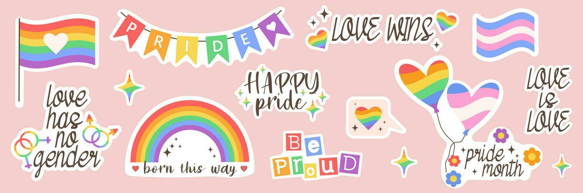 Sticker set of LGBTQ community symbols with groovy retro elements. Pride month slogans and phrases. Happy pride celebration vector
