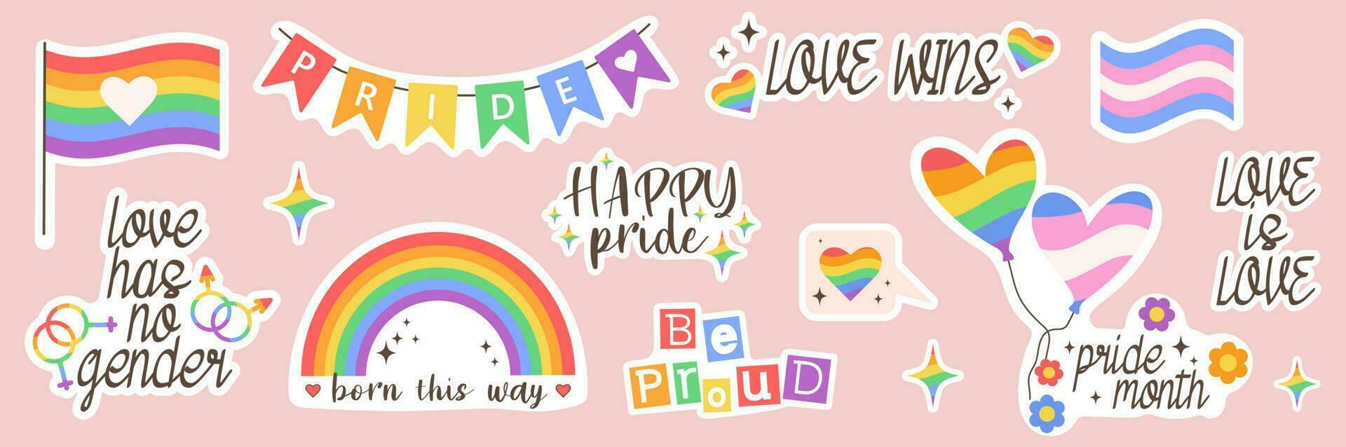 Sticker set of LGBTQ community symbols with groovy retro elements. Pride month slogans and phrases. Happy pride celebration vector