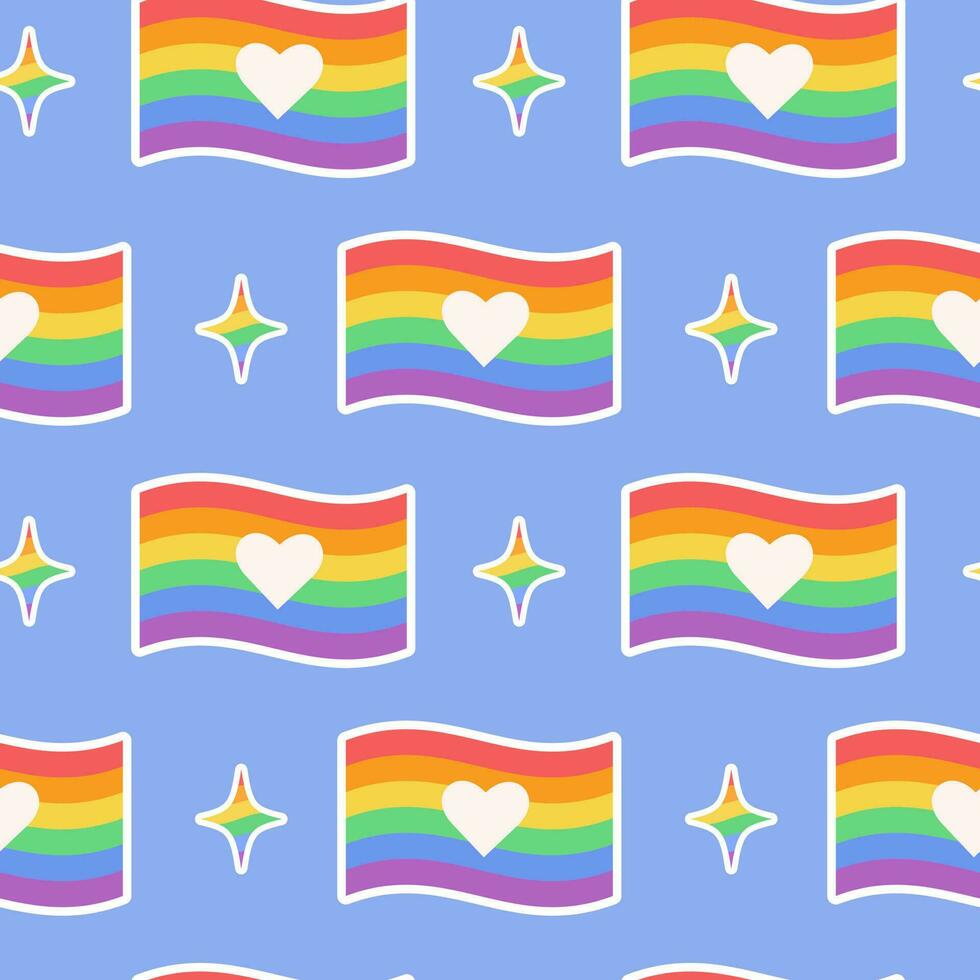 Seamless pattern with LGBTQ community symbols. Rainbow flag. Pride month. Retro groovy style vector