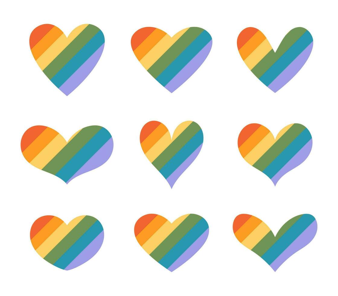 Vector LGBT hearts in flat design. Pride month symbols. LGBT community signs. Hearts in rainbow colors. LGBTQ design diagonal striped elements.