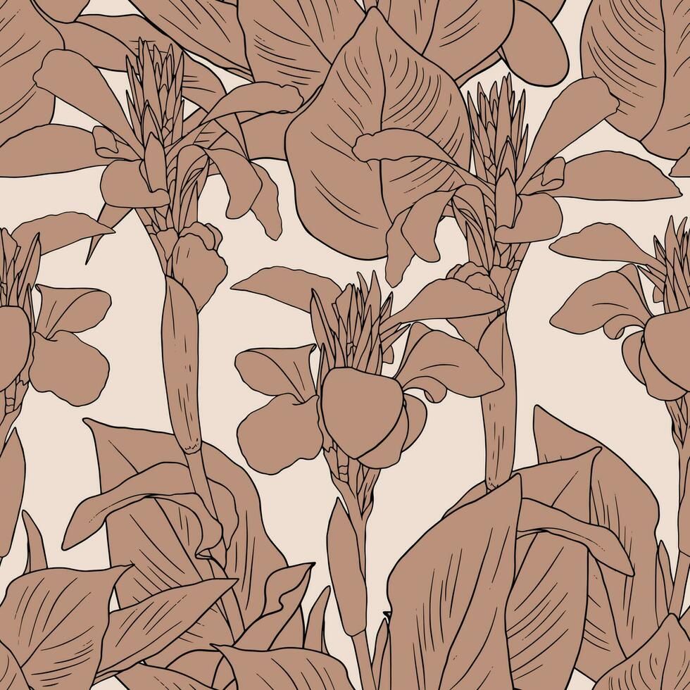 Seamless retro pattern with canna lily silhouette on beige background vector