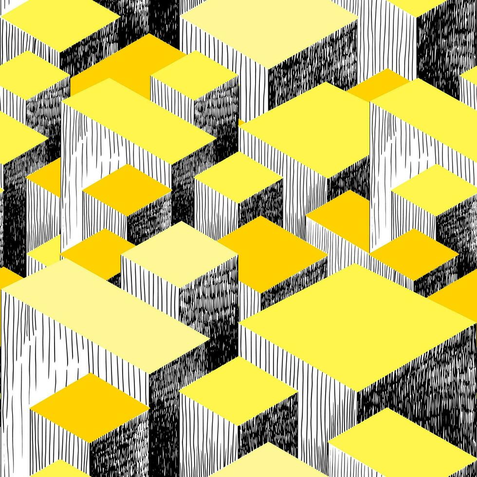 Isometric geometric pattern with cubes. Graphically drawn high-rise abstract city with yellow rhombuses vector