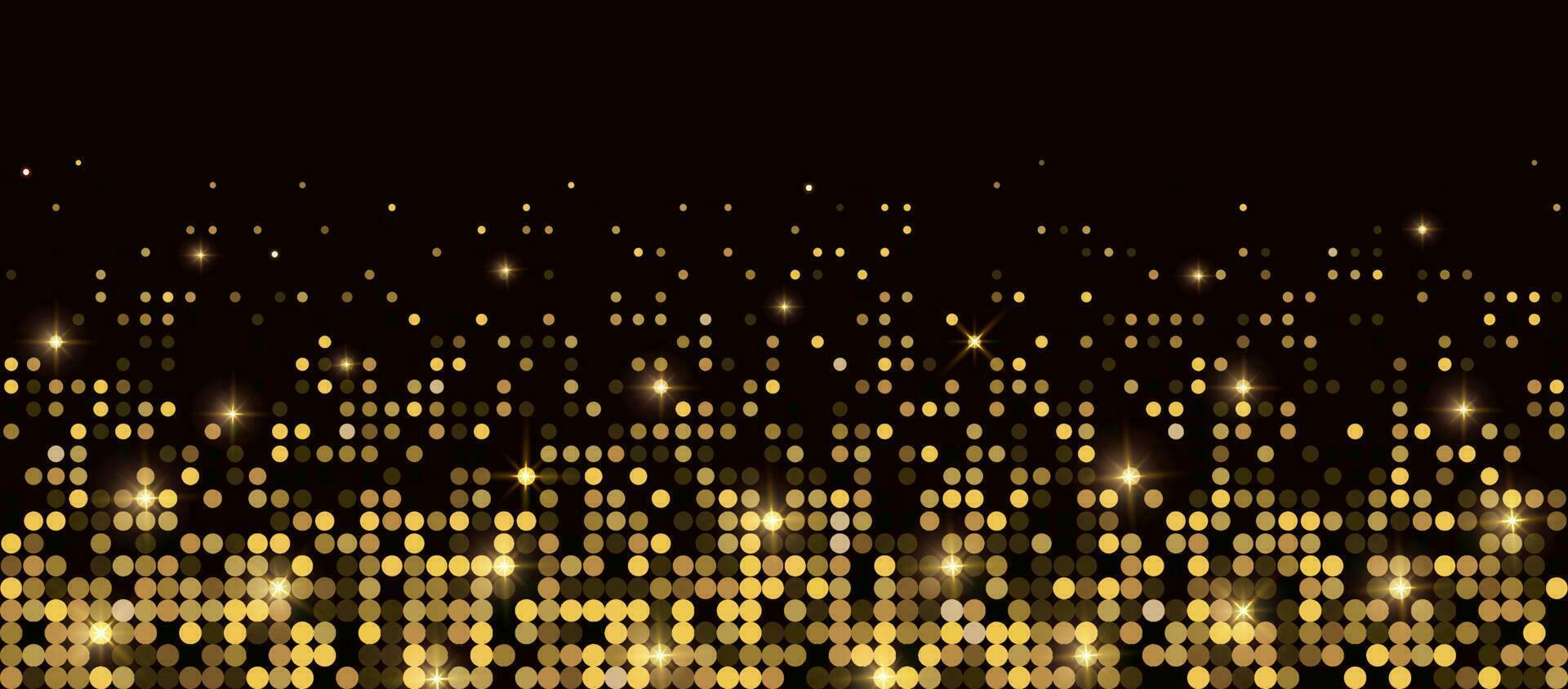 Abstract luxury banner with golden glittering dots on black background. Sparkling glitter bottom border, vector frame. Halftone effect. Magical gold dust. Pop art style backdrop