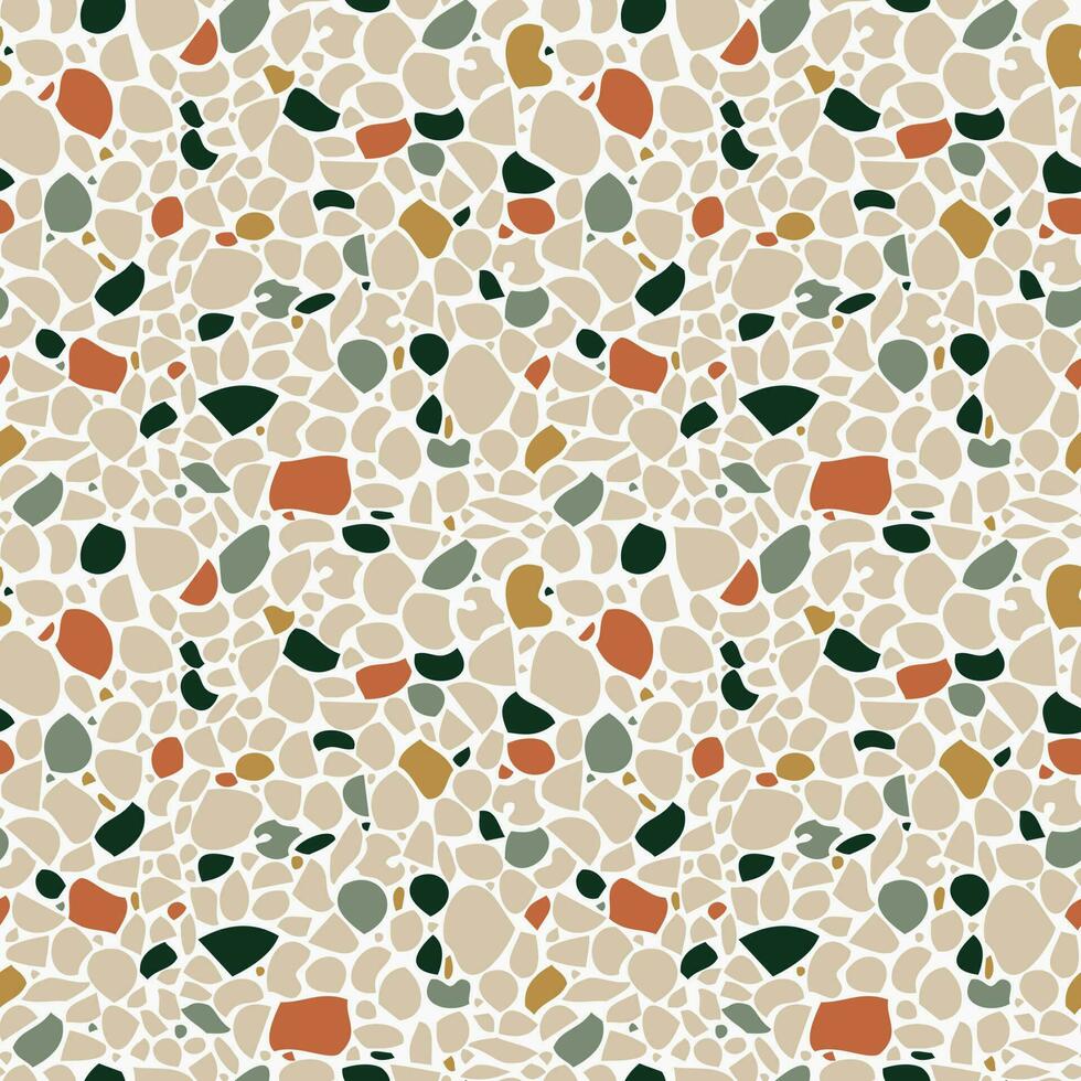 Contemporary abstract seamless pattern. Terrazzo flooring in neutral earth colors. Realistic vector texture of mosaic floor. Trendy design for print, wall, tile, textile, fabric, package, wrapping