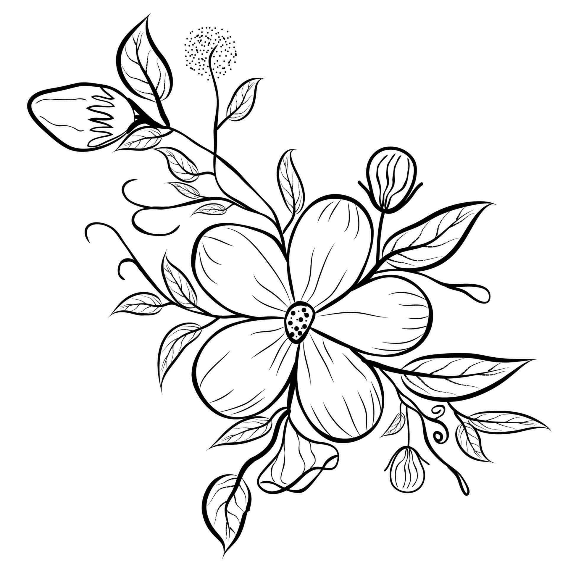 Free Vector line art and hand drawing flower art black and white flat