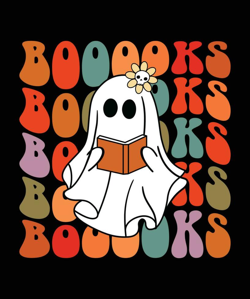 Booooks Groovy Cute Ghost Book Retro Reading Halloween shirt print template, Scary witch skull floral typography design for shirt mug iron tote phone case vector