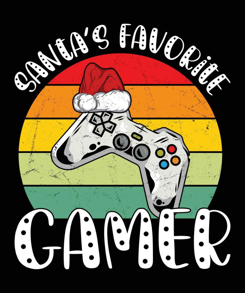 Santa's Favorite Gamer Funny Christmas shirt print template, Vintage retro gamer birthday boy Santa hat controller joystick vector illustration