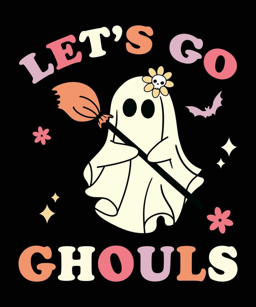 Retro Groovy Let's Go Ghouls Halloween Ghost Costume Halloween shirt print template, Halloween scary witch bat floral shirt design vector