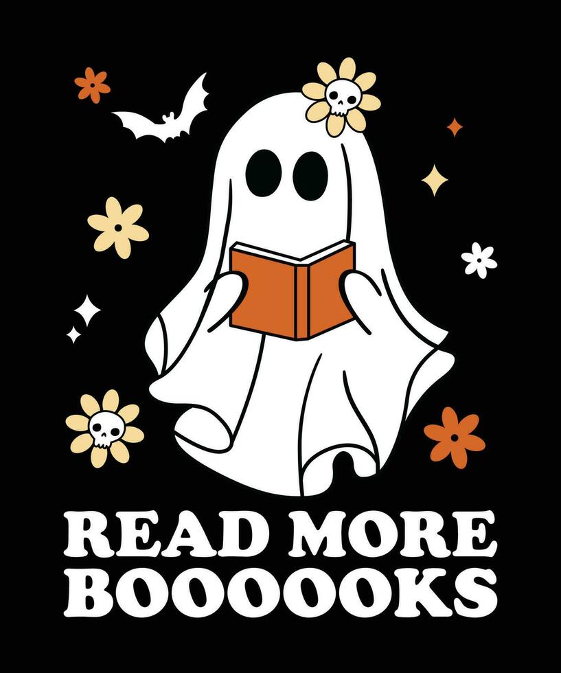 Cute Booooks Ghost Read More Books Funny Teacher Halloween shirt print template, witch book bat star flower skull vector