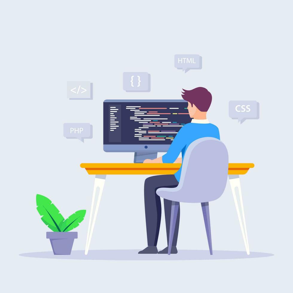 Programmer working on computer. Coders or programmers writing program. Landing page for web IT courses with HTML and PHP. vector